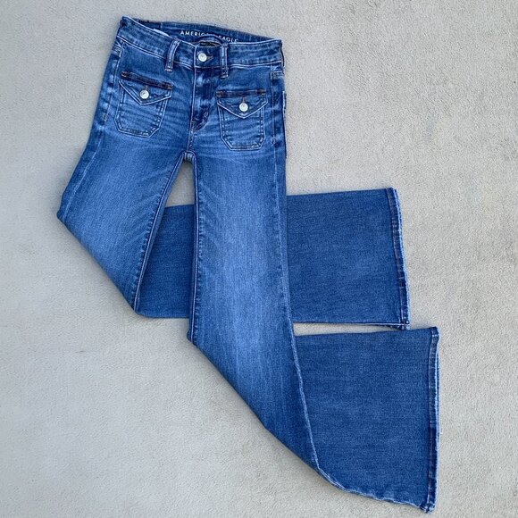 American Eagle Outfitters Festival Flare Next Level Stretch Low Rise Jeans Sz00 - Picture 2 of 14